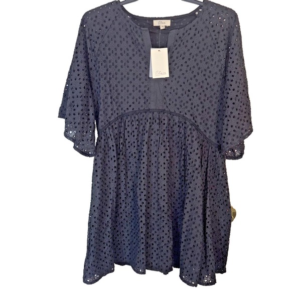 Elan Dresses & Skirts - Elan‎ Black Eyelet Mini Dress XL Lined 3/4 Sleeve V-Neck Bloomingdale's Brand
